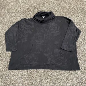 ESKANDAR Monk’s Top Women's 1 Black/Grey Floral Cotton Funnel Neck Pocket *Flaw